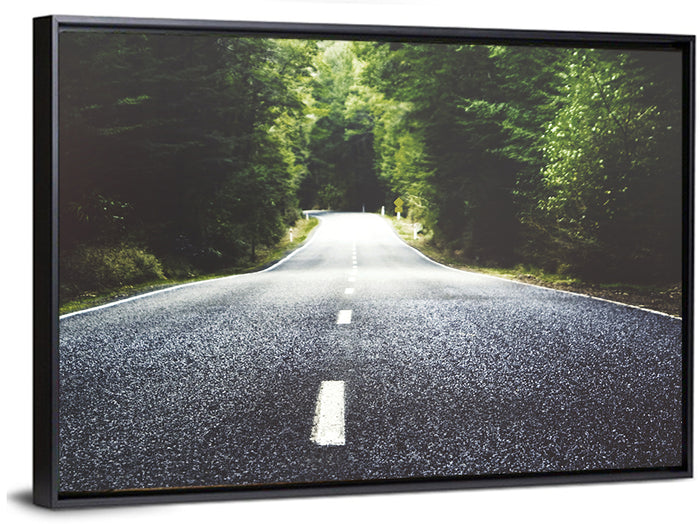 Summer Forest Road with Yellow Sign Wall Art as a framed canvas