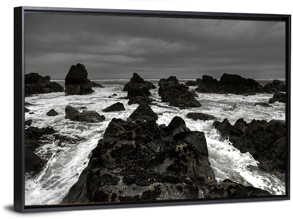 Moody Black and White Rocky Coast Waves Wall Art