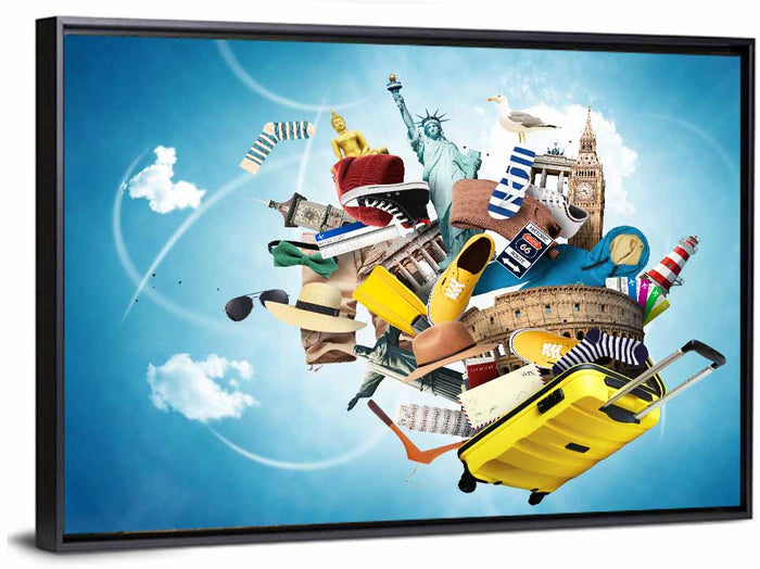 Floating Landmarks with Yellow Suitcase Wall Art as a framed canvas