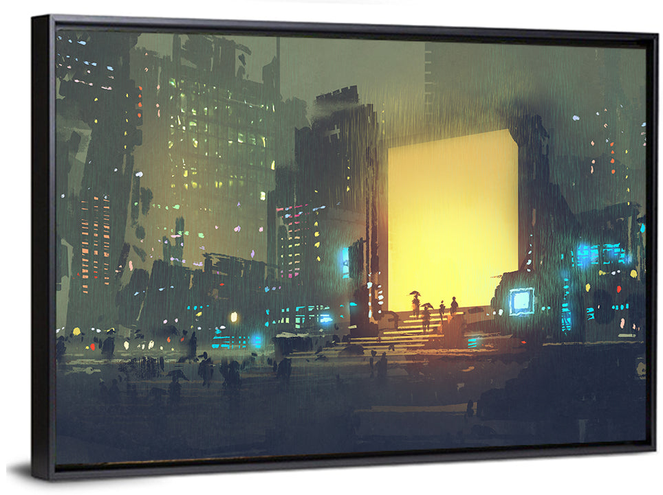 Rainy Night City with Glowing Portal Wall Art