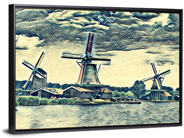 Three Vintage Windmills Wall Art as a framed canvas