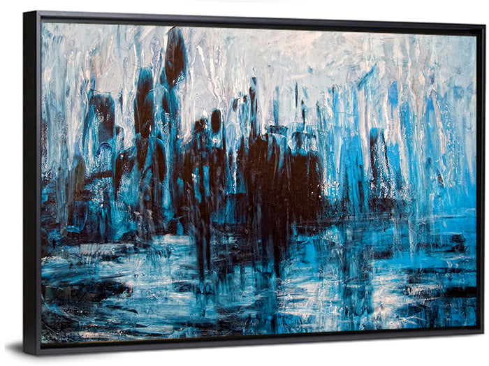 Rainy Abstract Skyline Reflection Wall Art as a framed canvas