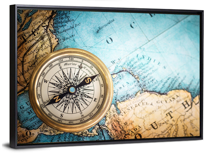Vintage Compass Over Atlantic Map Wall Art as a framed canvas
