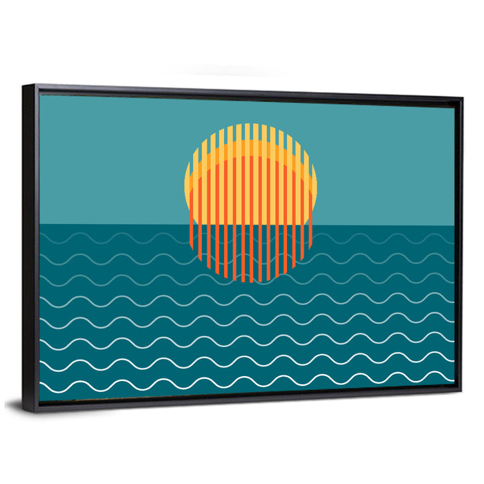 Teal Ocean Sunset Illustration Wall Art as a framed canvas