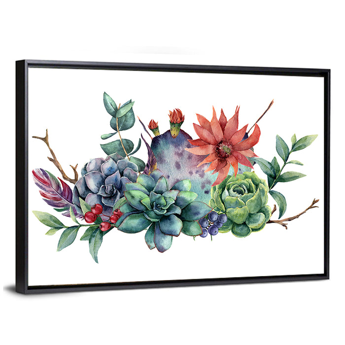 Succulent and Cactus Bouquet Wall Art as a framed canvas