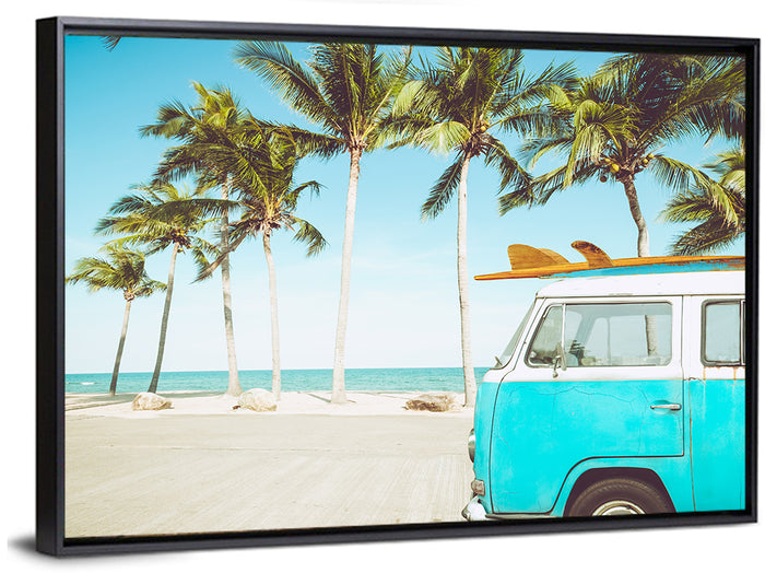 Vintage Vw Bus on Tropical Beach Wall Art as a framed canvas