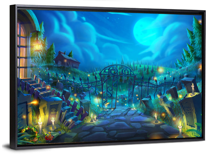 Halloween Cemetery Gate Illustration Wall Art as a framed canvas
