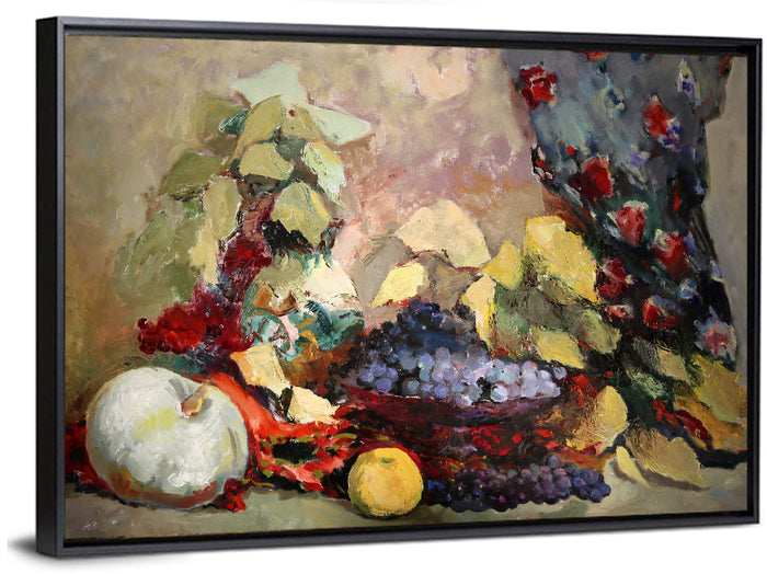 Grapes and Melon Still Life Wall Art as a framed canvas