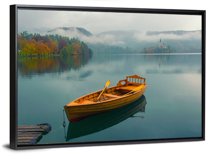 Tethered Boat on Lake Bled Wall Art as a framed canvas