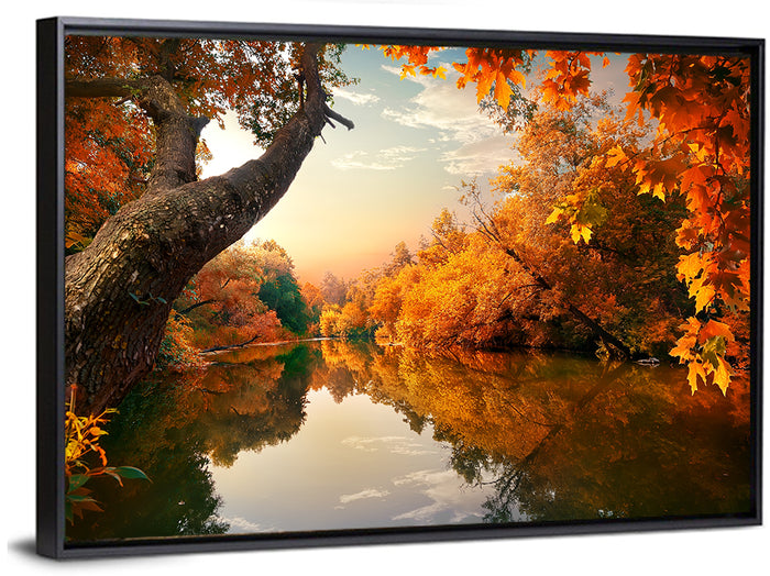 Golden Autumn River Reflections Wall Art as a framed canvas