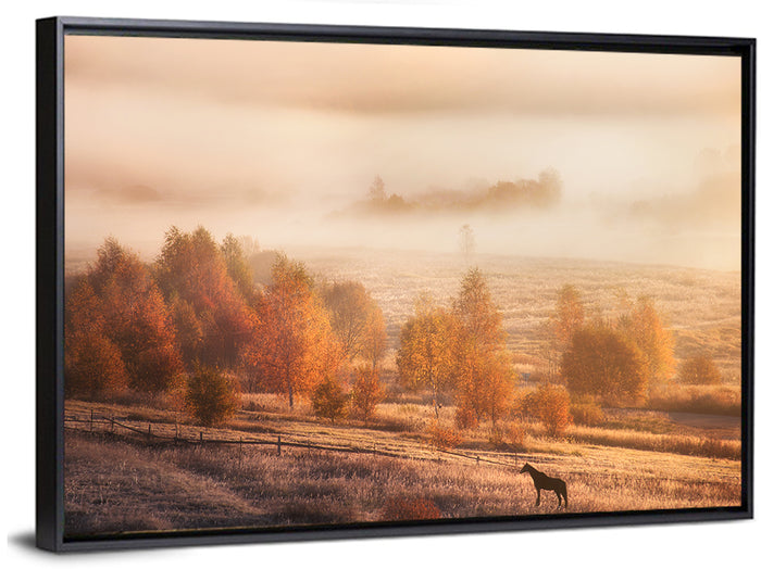 Autumn Morning Horse Silhouette Wall Art as a framed canvas