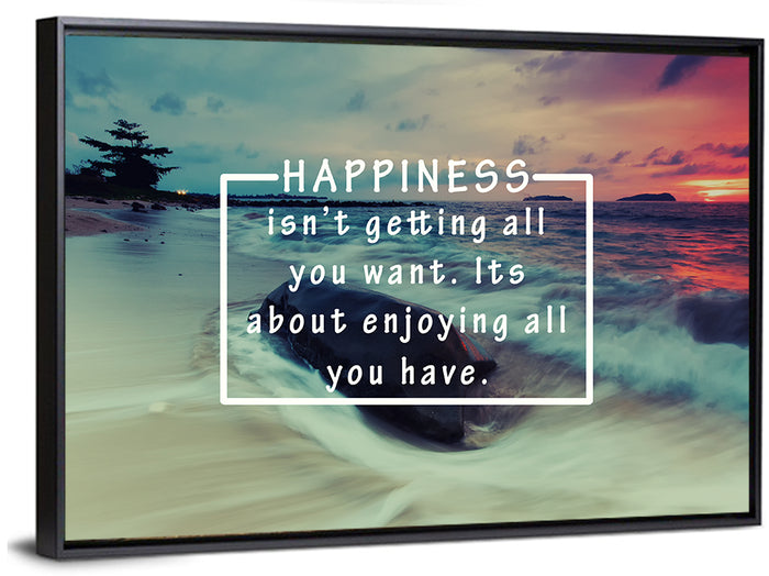 Happiness Quote on Sunset Beach Wall Art as a framed canvas