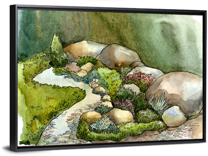 Watercolor Rock Garden Stream Wall Art as a framed canvas