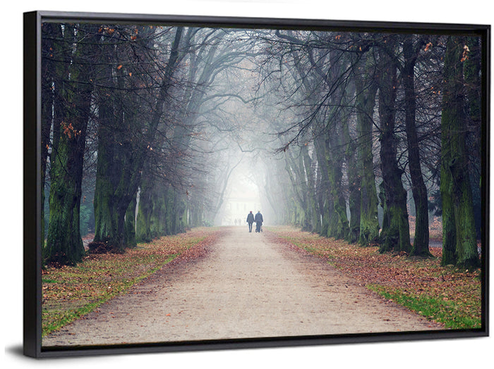 Foggy Tree Lined Walkway in Autumn Wall Art as a framed canvas