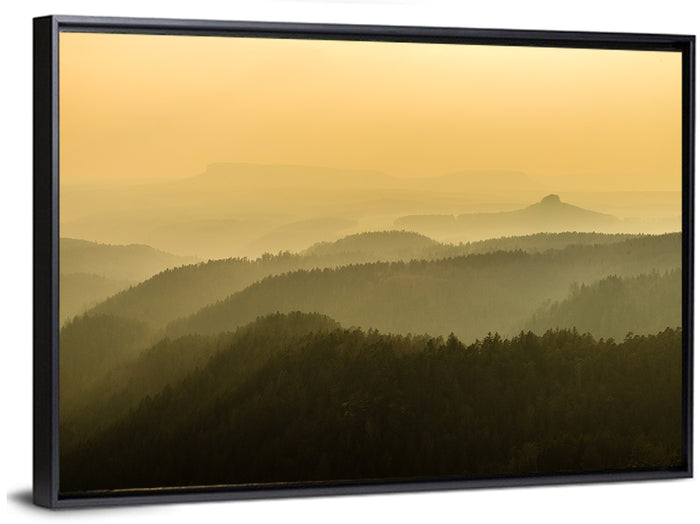 Misty Golden Ridge Landscape Wall Art as a framed canvas