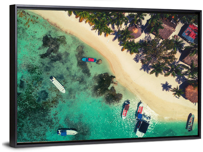 Aerial Tropical Shoreline with Six Boats Wall Art as a framed canvas