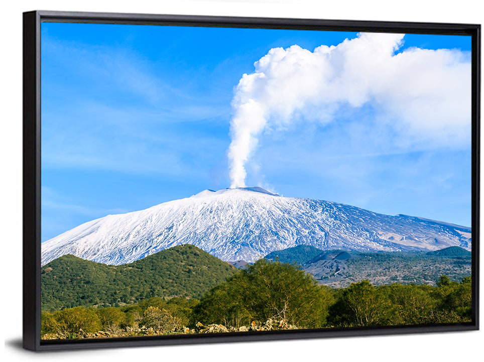 Snow-capped Mount Etna with Volcanic Plume Wall Art