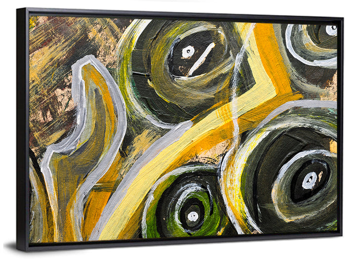 Impasto Swirl Circles in Yellow and Black Wall Art as a framed canvas