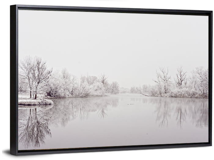 Frozen River Reflection in Winter Fog Wall Art as a framed canvas