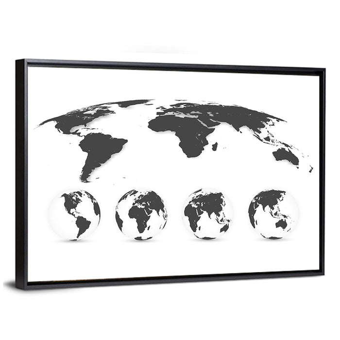 Stylized World Map and Globe Icons Wall Art as a framed canvas