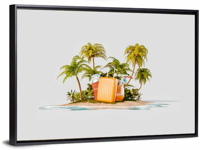 Tropical Island Vacation Illustration Wall Art as a framed canvas