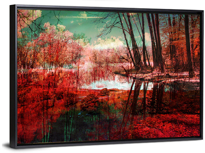 Red Forest Reflection Wall Art as a framed canvas