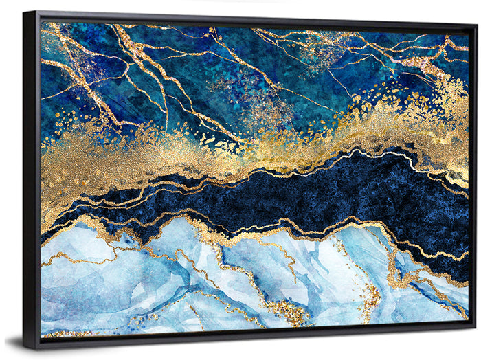 Navy Blue Marble with Gold Veins Wall Art as a framed canvas