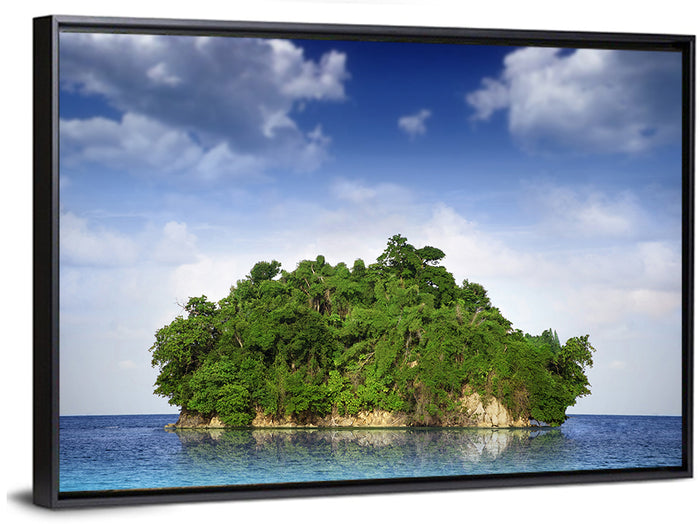 Tranquil Tropical Island Reflection Wall Art as a framed canvas