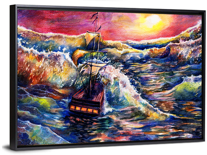 Stormy Sunset Sailing Ship Wall Art as a framed canvas