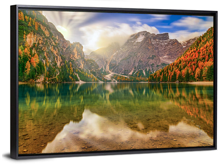 Lago Di Braies Sunrise Wall Art as a framed canvas