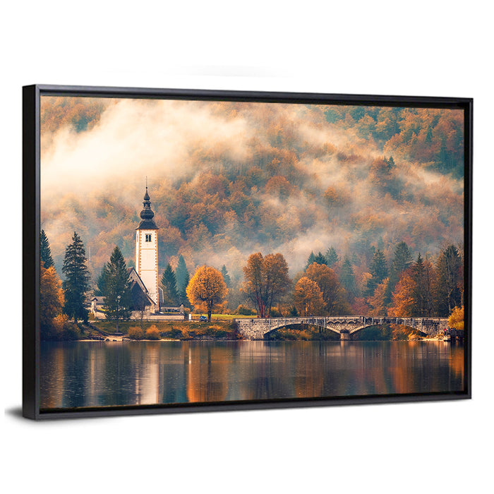 Lake Bohinj Foggy Morning Wall Art as a framed canvas