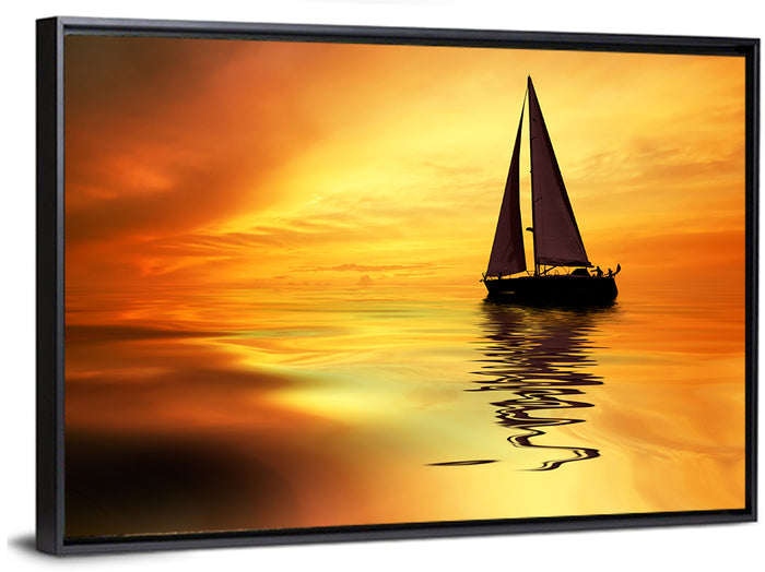 Golden Hour Sailboat Silhouette Wall Art as a framed canvas