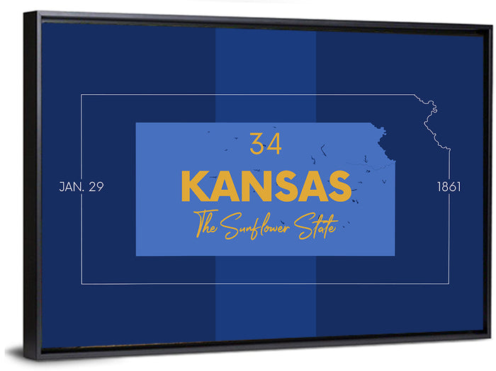 Kansas Typographic Map, Blue and Gold Wall Art as a framed canvas