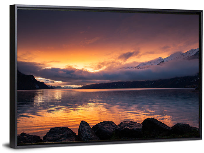 Lake Brienz Golden Dusk Wall Art as a framed canvas