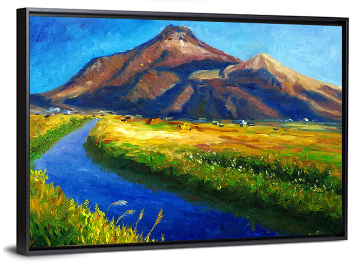 Mountain Village Stream at Golden Hour Wall Art as a framed canvas