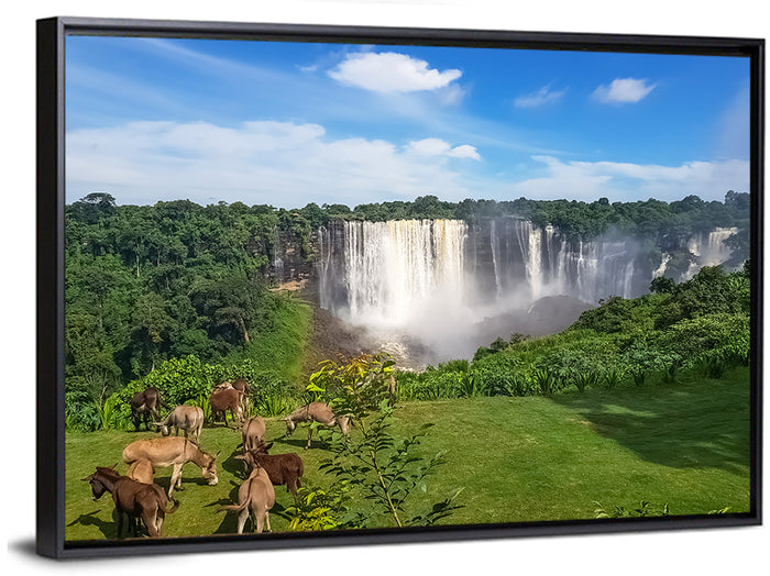 Kalandula Falls and Grazing Donkeys Wall Art as a framed canvas