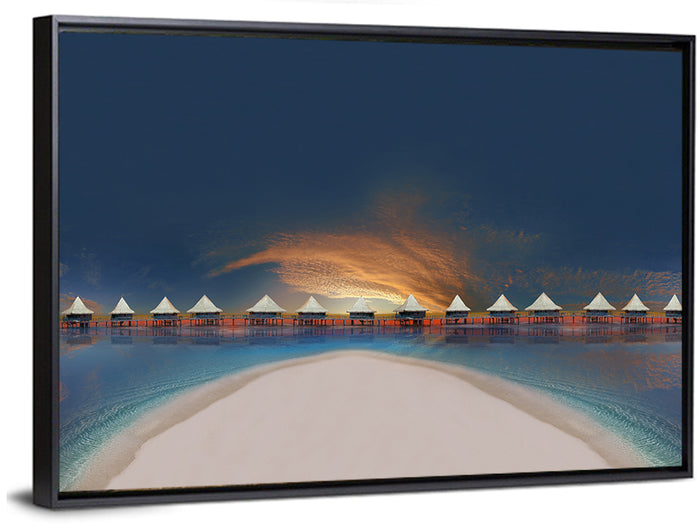 Overwater Bungalows at Golden Dusk Wall Art as a framed canvas