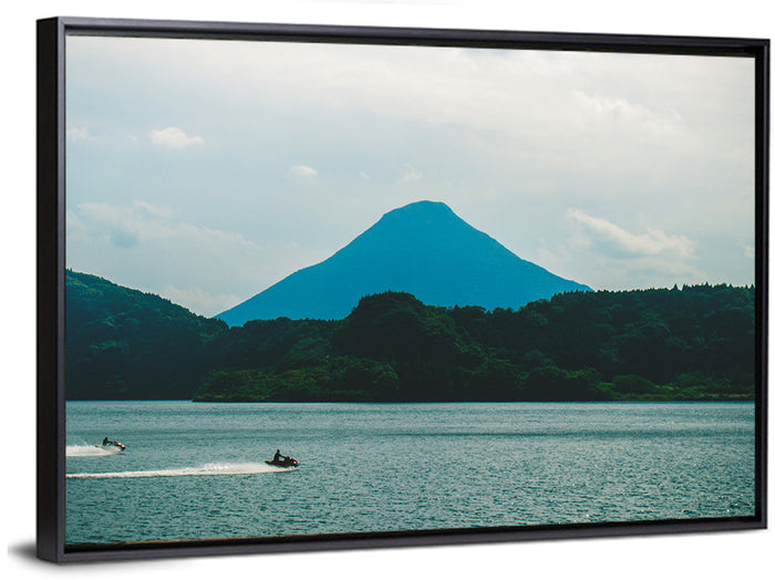 Kaimon Dake Over Lake Ikeda Wall Art as a framed canvas