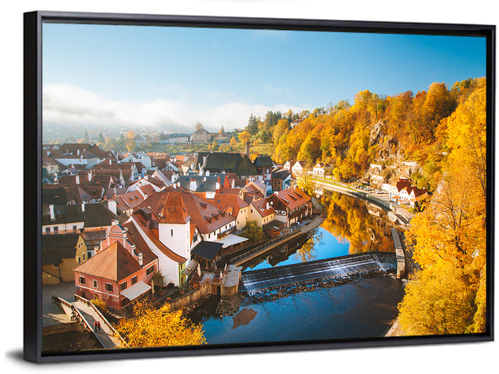 Český Krumlov River Weir in Autumn Wall Art as a framed canvas