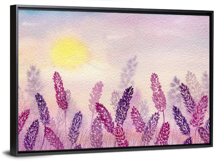 Sunlit Lavender Field Wall Art as a framed canvas