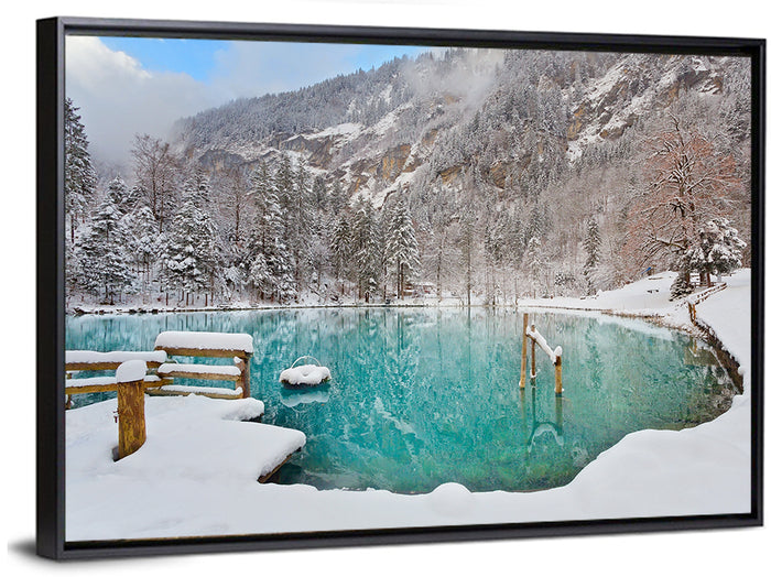 Blausee Winter Reflection Wall Art as a framed canvas