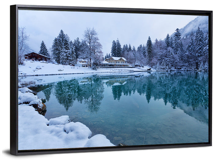 Blausee Winter Reflection Wall Art as a framed canvas
