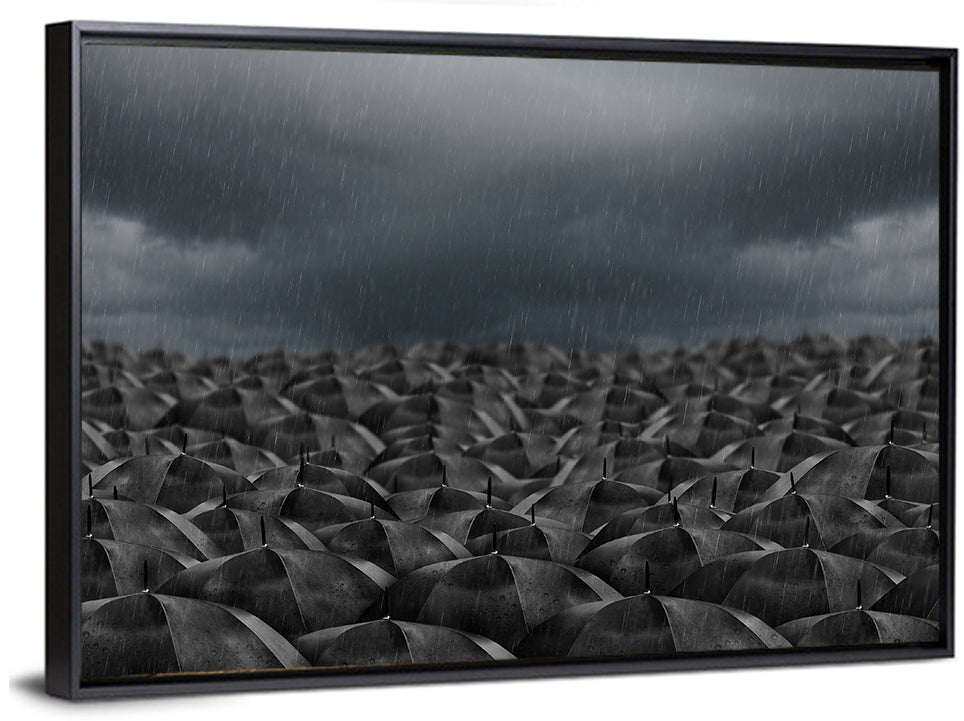 Clustered Umbrellas in Rain Wall Art