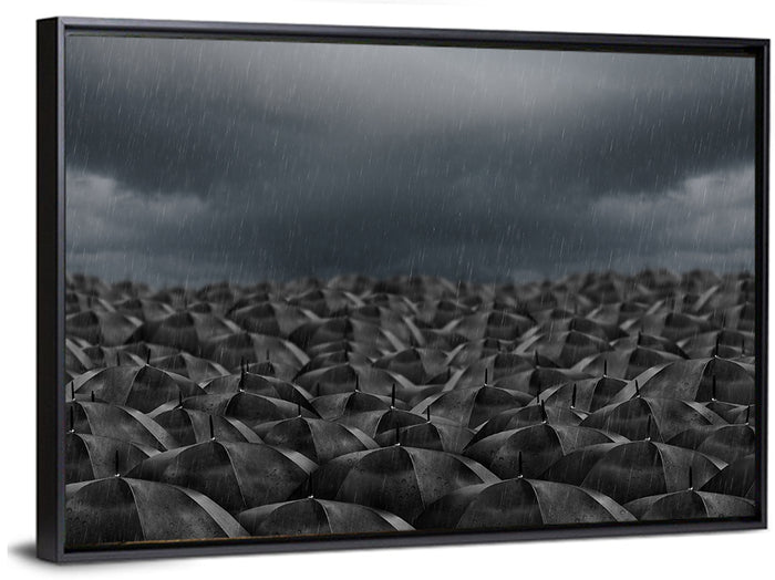 Clustered Umbrellas in Rain Wall Art as a framed canvas