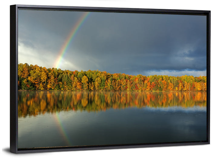 Moccasin Lake Autumn Rainbow Wall Art as a framed canvas