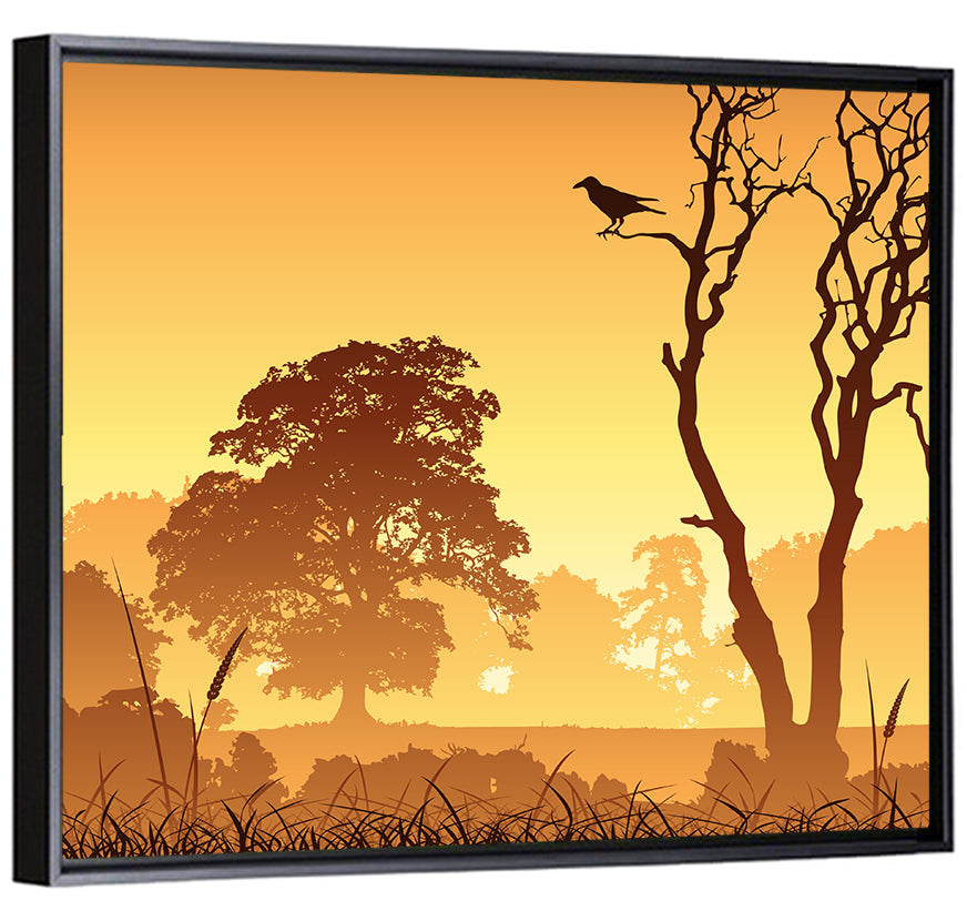 Golden Mist Tree Silhouettes with Crow Wall Art