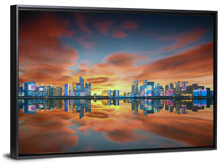 Hangzhou Golden Sphere Skyline at Dusk Wall Art as a framed canvas