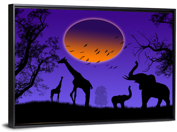 Sunset Savannah Silhouette Wall Art as a framed canvas