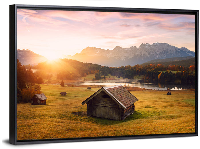 Sunrise Over Geroldsee Cabin Wall Art as a framed canvas