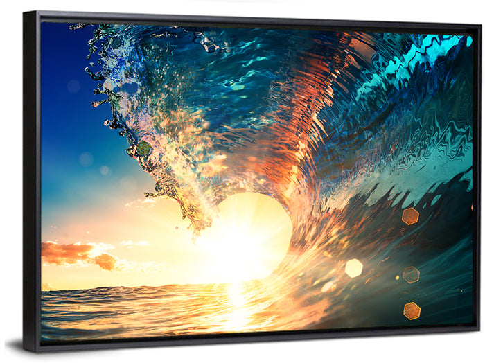 Sun Through a Breaking Wave Wall Art as a framed canvas